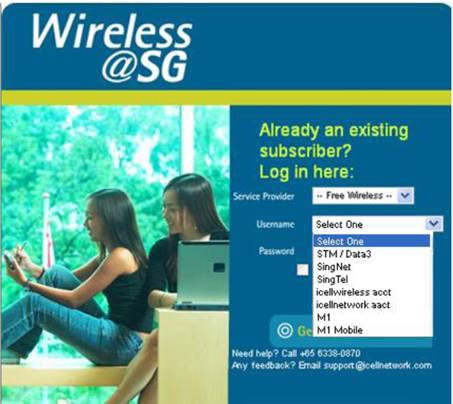 Wireless@SG Login Screen with dropdown
